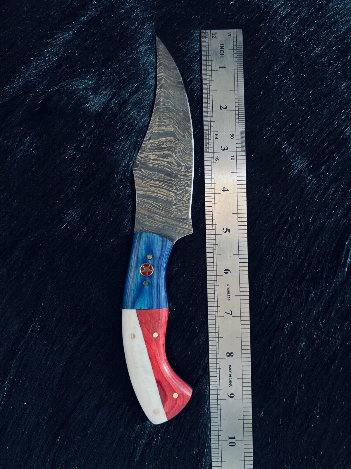 Heritage Forge 9.5 Inch Fire Damascus Steel Skinner Knife with Camel Bone and Wood Handle