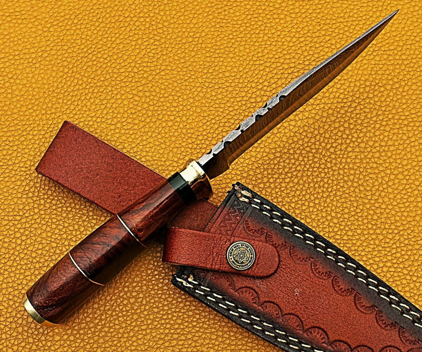 The Rosewood Huntsman: 10" Hand-Forged Damascus Bowie with Brass Guard