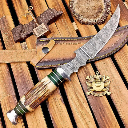 13 Inch Stag Horn Handle Damascus Bowie Knife with Leather Sheath