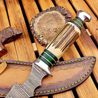 13 Inch Stag Horn Handle Damascus Bowie Knife with Leather Sheath