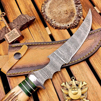 13 Inch Stag Horn Handle Damascus Bowie Knife with Leather Sheath