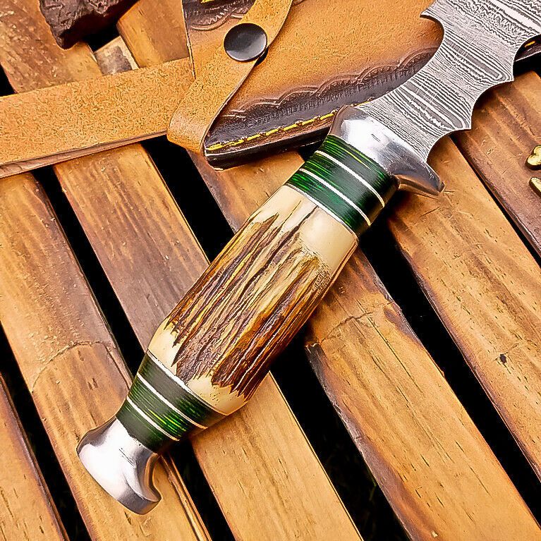 13 Inch Stag Horn Handle Damascus Bowie Knife with Leather Sheath