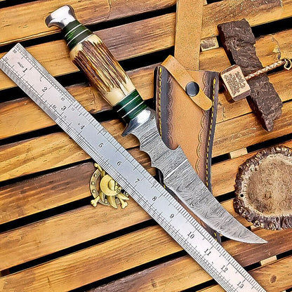 13 Inch Stag Horn Handle Damascus Bowie Knife with Leather Sheath