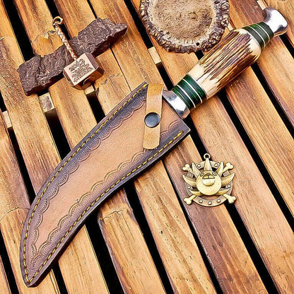 13 Inch Stag Horn Handle Damascus Bowie Knife with Leather Sheath