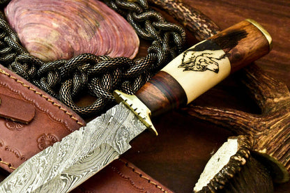 12" Hand Forged Damascus Bowie Knife | Camel Bone Laser Etched