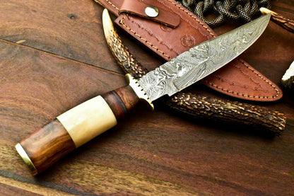 12" Hand Forged Damascus Bowie Knife | Camel Bone Laser Etched