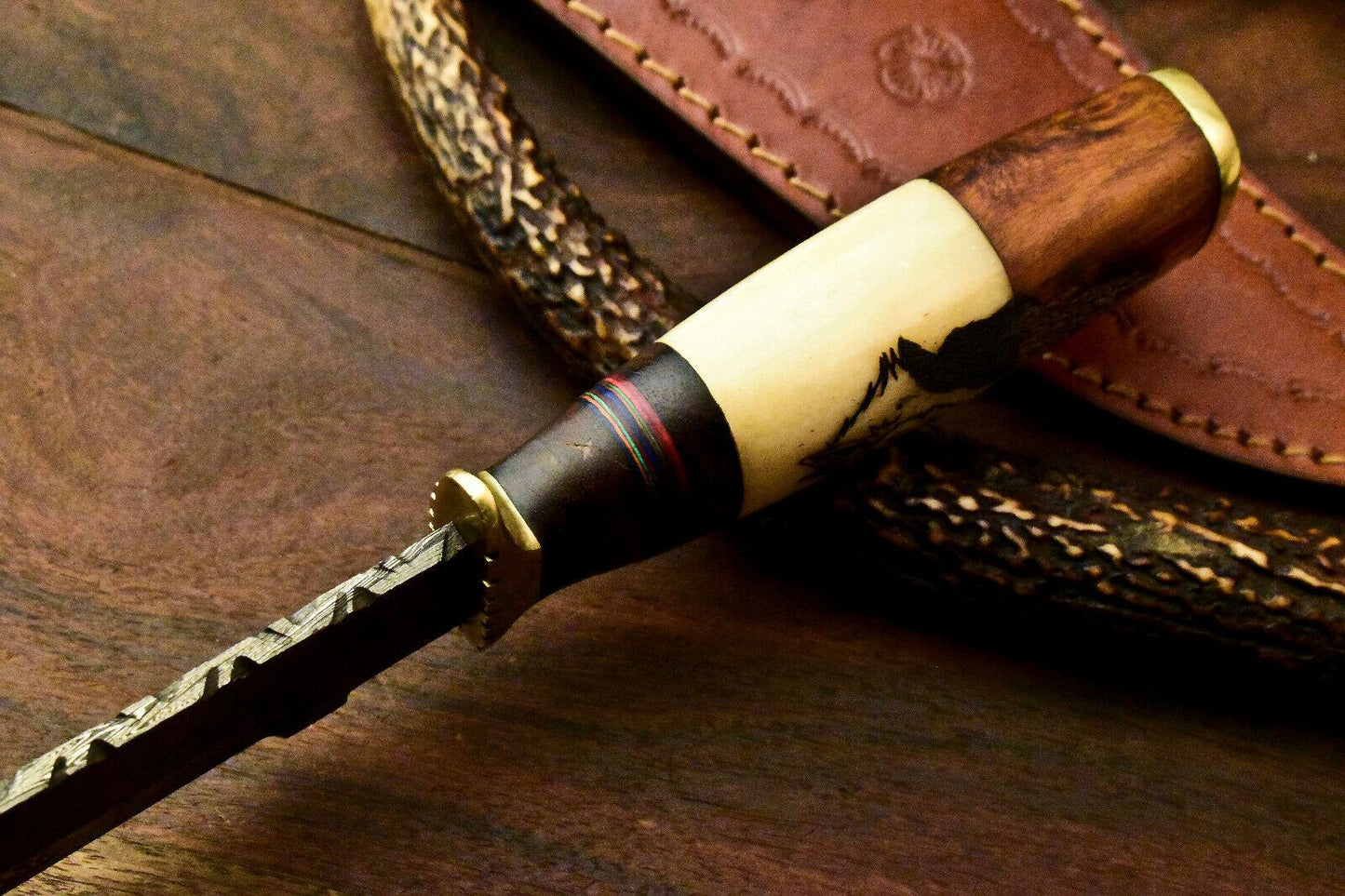 12" Hand Forged Damascus Bowie Knife | Camel Bone Laser Etched