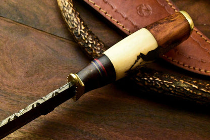 12" Hand Forged Damascus Bowie Knife | Camel Bone Laser Etched