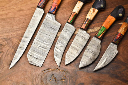Lot Of 6 Handmade Damascus Steel Blade Chef Set Knife