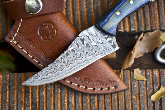 Hand Forged Ladder Damascus Skinner Knife – Bone & Wood Handle with Leather Sheath for Hunting and Bushcraft
