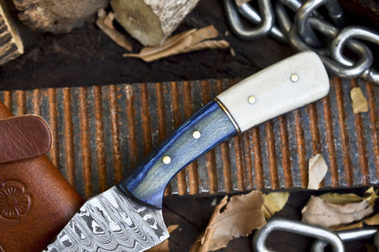 Hand Forged Ladder Damascus Skinner Knife – Bone & Wood Handle with Leather Sheath for Hunting and Bushcraft