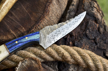 Hand Forged Ladder Damascus Skinner Knife – Bone & Wood Handle with Leather Sheath for Hunting and Bushcraft