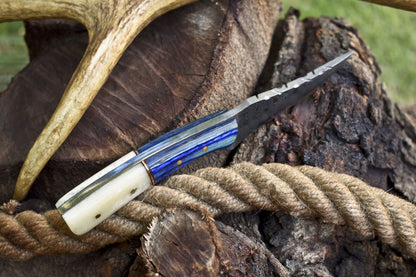Hand Forged Ladder Damascus Skinner Knife – Bone & Wood Handle with Leather Sheath for Hunting and Bushcraft