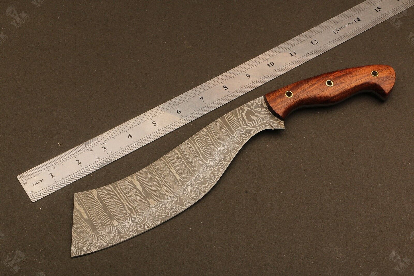 14" Handmade Fire Damascus Steel Machete Bowie Knife – Natural Wood Handle