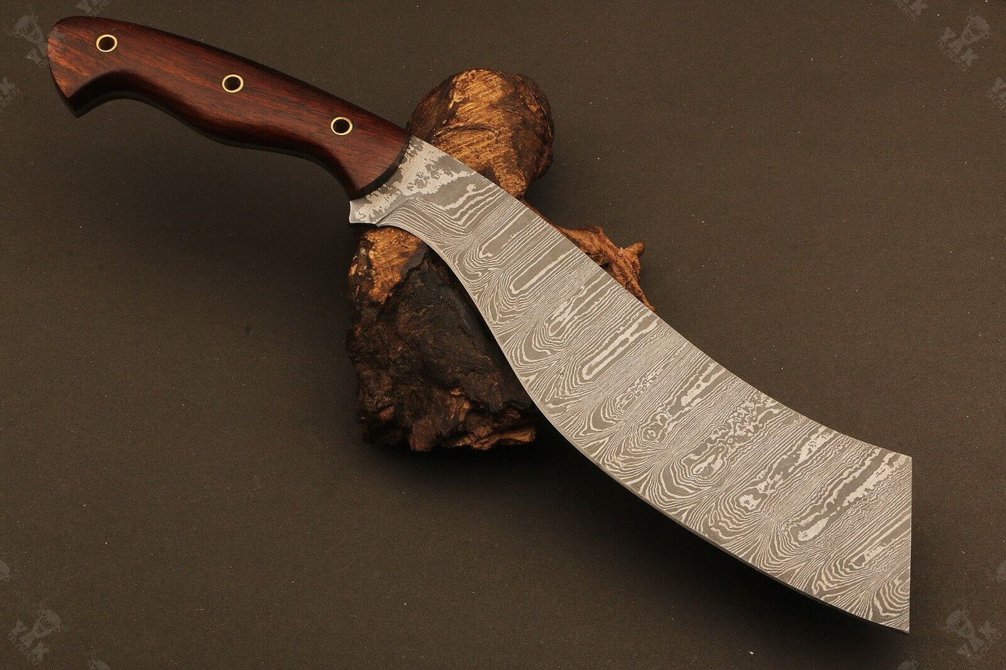 14" Handmade Fire Damascus Steel Machete Bowie Knife – Natural Wood Handle