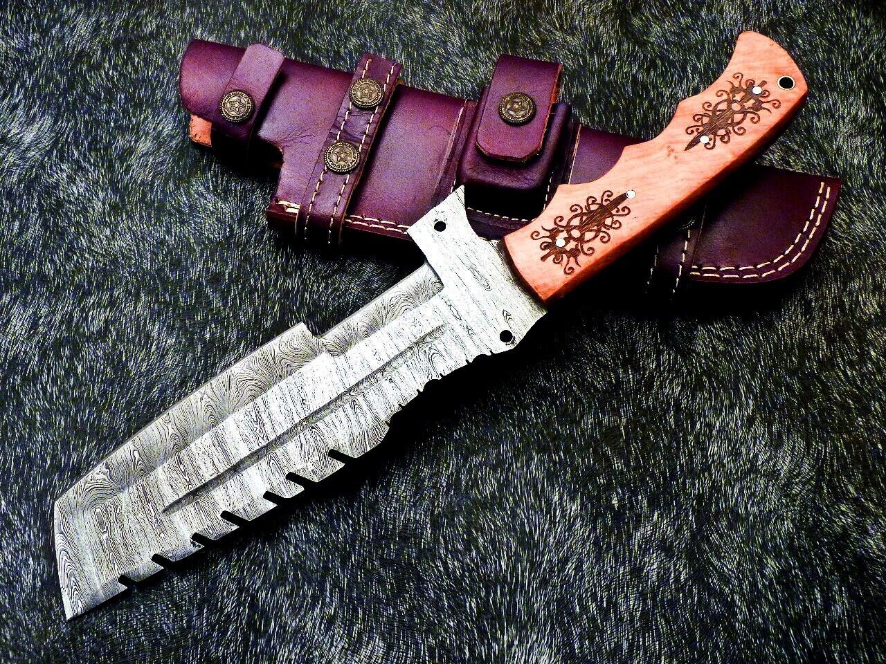 13.5 Inch Handmade Damascus Full Tang Bowie Knife with Olive Wood Handle