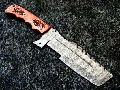13.5 Inch Handmade Damascus Full Tang Bowie Knife with Olive Wood Handle