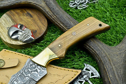 10" Hand-Forged Damascus Bowie Knife – Wooden Handle & Brass Bolster