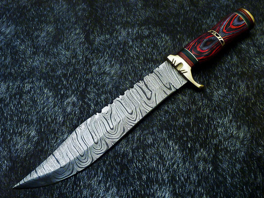 14" Hand Forged Damascus Bowie Hunting Knife – Hard Wood Handle