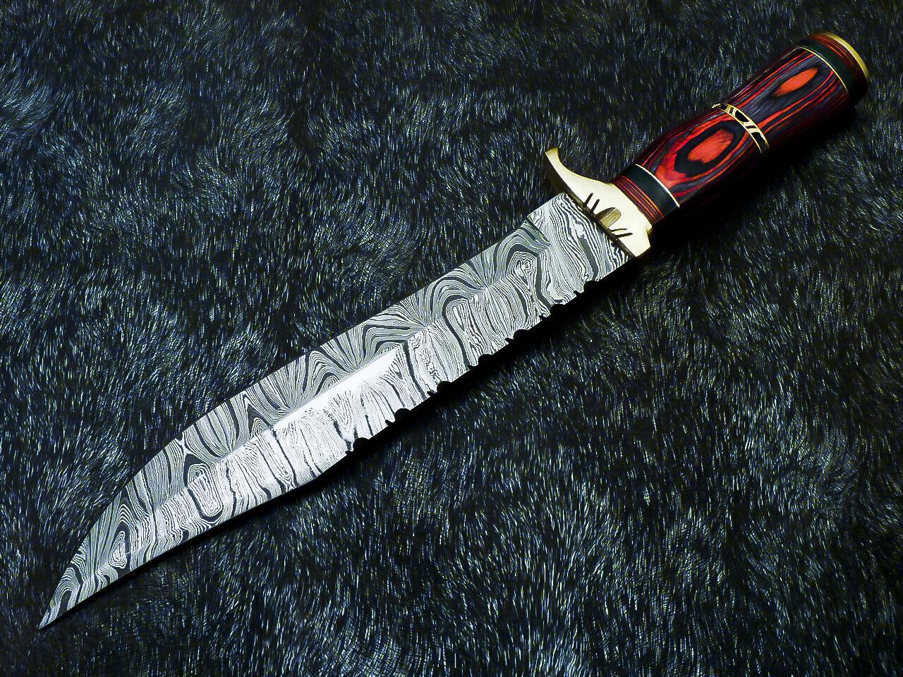 14" Hand Forged Damascus Bowie Hunting Knife – Hard Wood Handle