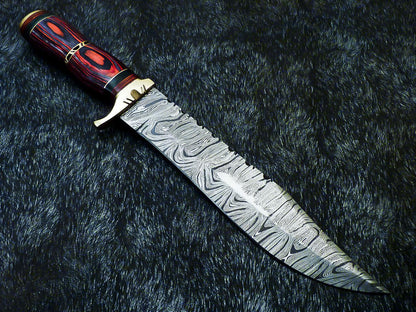 14" Hand Forged Damascus Bowie Hunting Knife – Hard Wood Handle