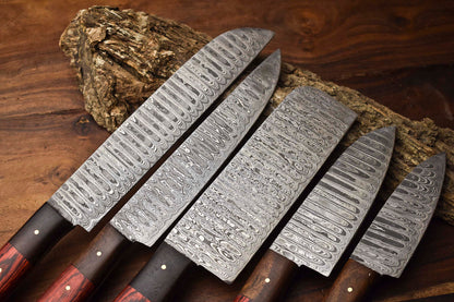 Custom Lot Of 5 Handmade Hammered Damascus Steel Blade Chef Set Knife