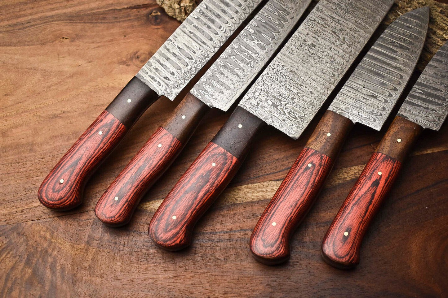 Custom Lot Of 5 Handmade Hammered Damascus Steel Blade Chef Set Knife