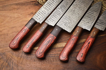 Custom Lot Of 5 Handmade Hammered Damascus Steel Blade Chef Set Knife