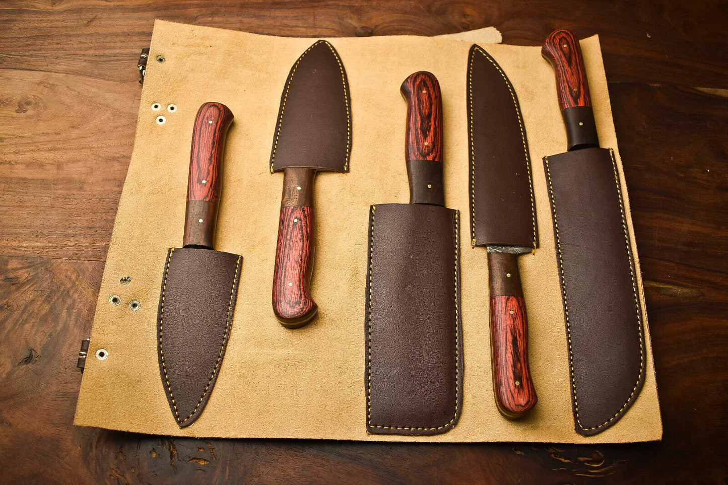 Custom Lot Of 5 Handmade Hammered Damascus Steel Blade Chef Set Knife