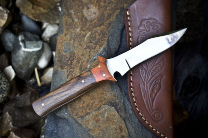 8" Custom Skinner Knife – AUS-8 Steel Blade, Walnut Wood Handle, Wooden Bolster, Leather Sheath Hiking Knife