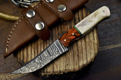 Handmade Damascus Skinner Knife with Twist Pattern Blade, Bone Handle, and Micarta Bolster – Outdoor Fixed Blade Hunting Knife