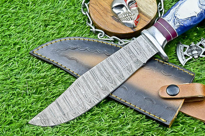 12" Handmade Damascus Steel Bowie Knife – Resin Handle & Leather Sheath