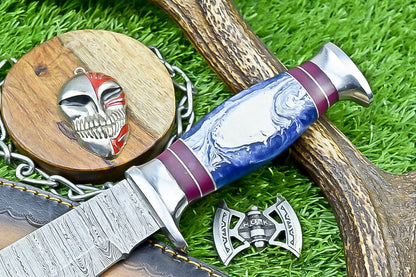 12" Handmade Damascus Steel Bowie Knife – Resin Handle & Leather Sheath