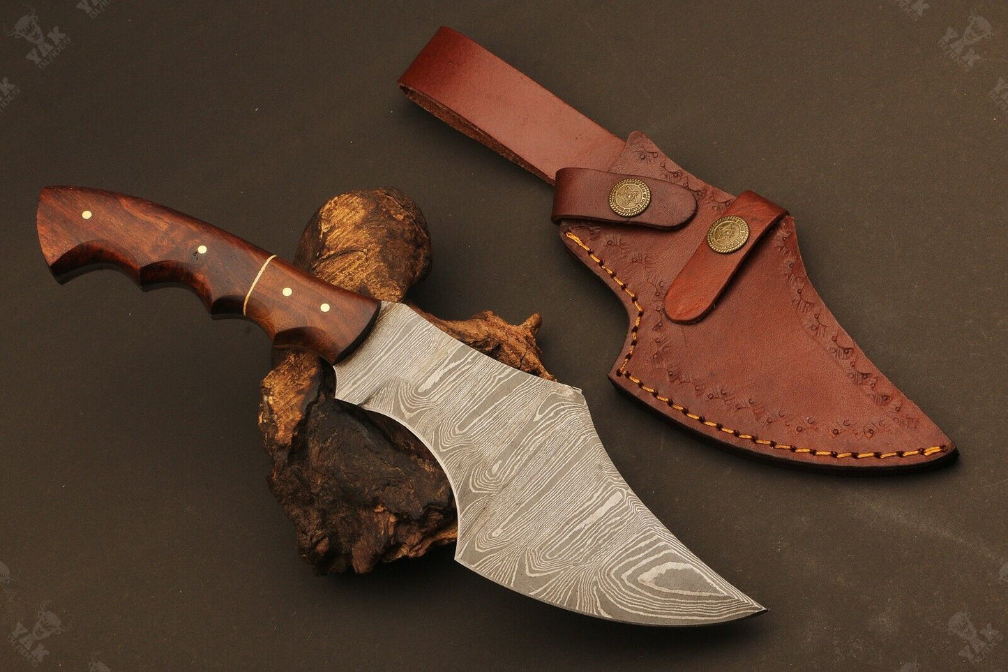 11" Handmade Ladder Damascus Steel Kukri Bowie Hunting Knife – Natural Wood Handle