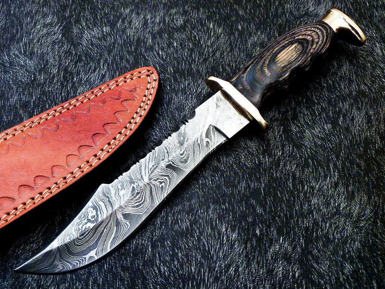 Custom Handmade Damascus Steel Bowie Knife with Hardwood Handle and Brass Bolster