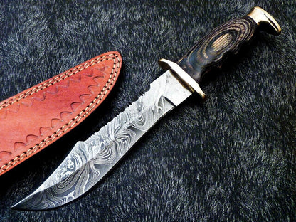 Custom Handmade Damascus Steel Bowie Knife with Hardwood Handle and Brass Bolster