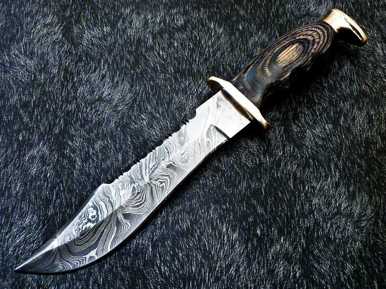Custom Handmade Damascus Steel Bowie Knife with Hardwood Handle and Brass Bolster