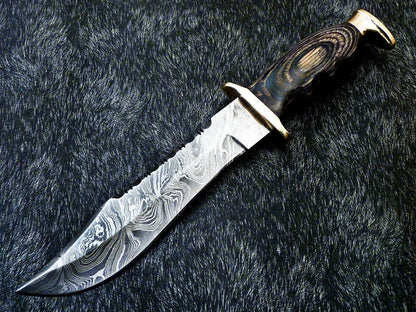 Custom Handmade Damascus Steel Bowie Knife with Hardwood Handle and Brass Bolster