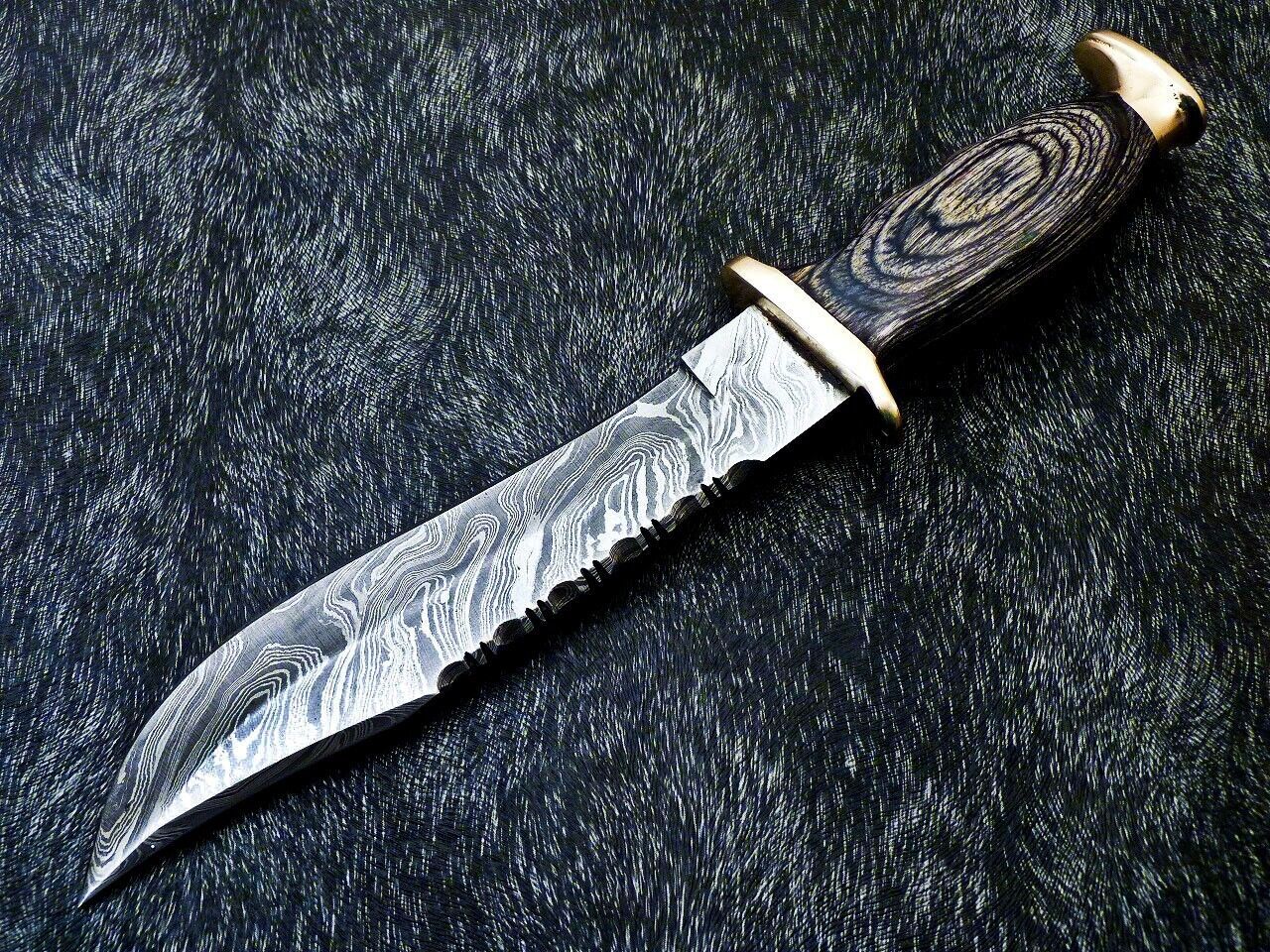 Custom Handmade Damascus Steel Bowie Knife with Hardwood Handle and Brass Bolster