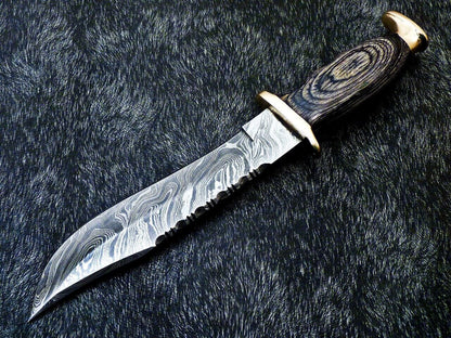 Custom Handmade Damascus Steel Bowie Knife with Hardwood Handle and Brass Bolster