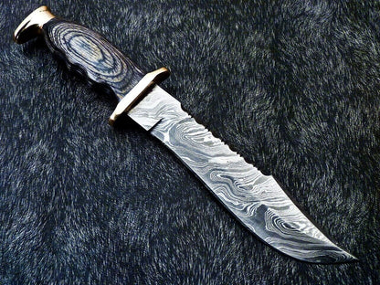 Custom Handmade Damascus Steel Bowie Knife with Hardwood Handle and Brass Bolster