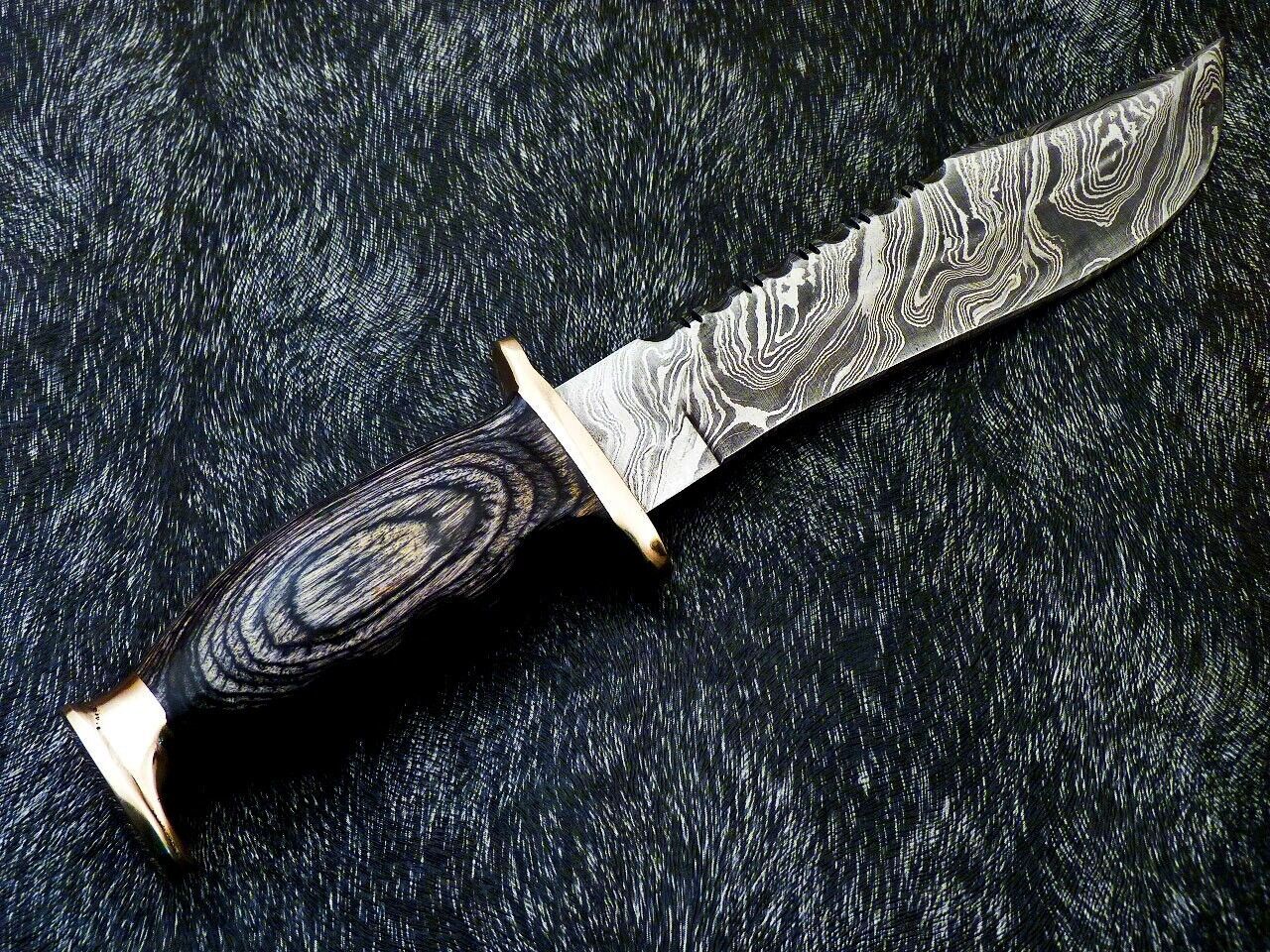 Custom Handmade Damascus Steel Bowie Knife with Hardwood Handle and Brass Bolster