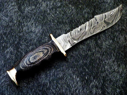 Custom Handmade Damascus Steel Bowie Knife with Hardwood Handle and Brass Bolster
