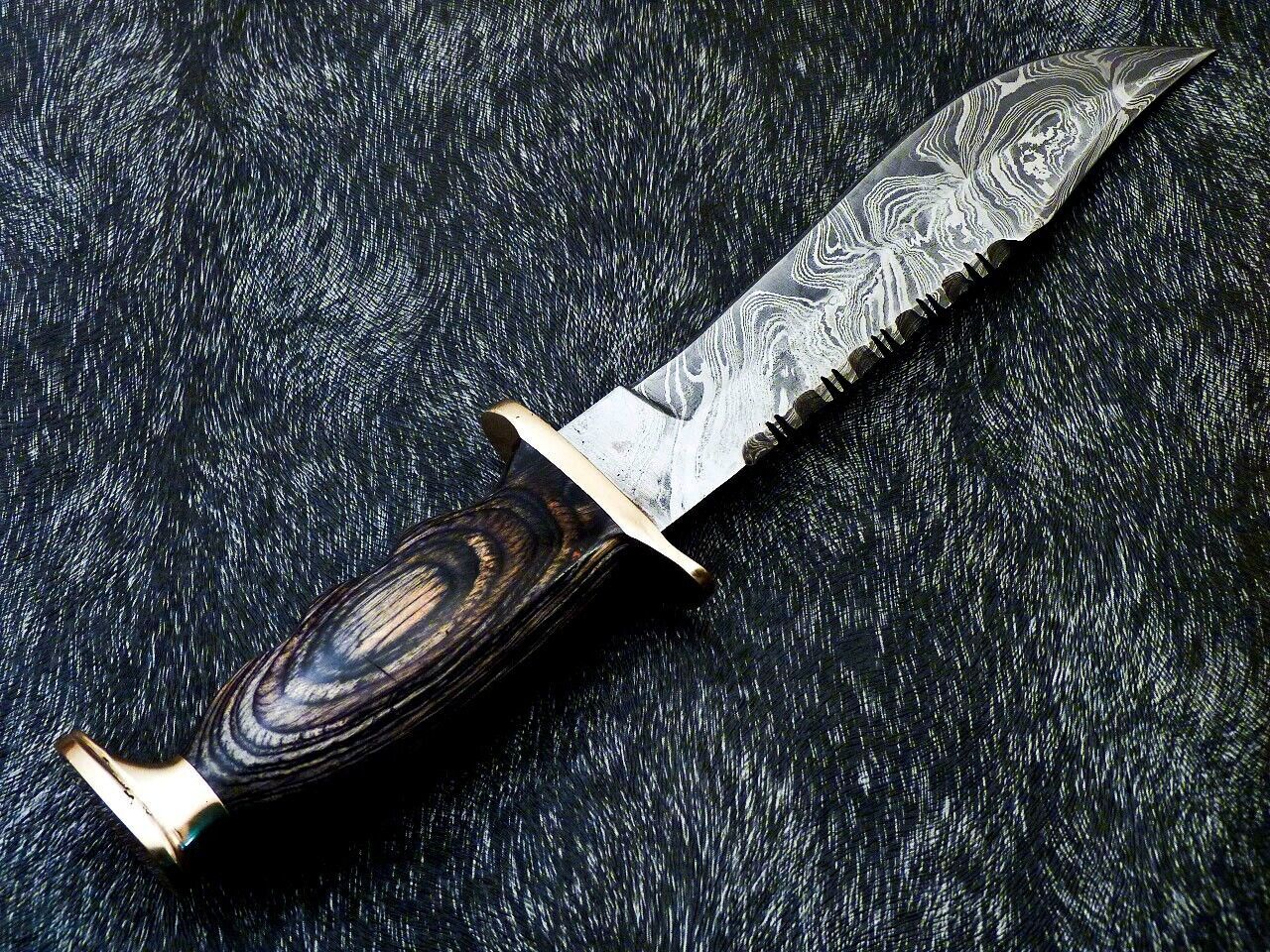 Custom Handmade Damascus Steel Bowie Knife with Hardwood Handle and Brass Bolster