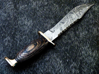 Custom Handmade Damascus Steel Bowie Knife with Hardwood Handle and Brass Bolster