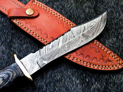 Custom Handmade Damascus Steel Bowie Knife with Hardwood Handle and Brass Bolster