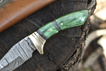Hot Item Skinner Knife Damascus Bone Brass Guard Hunting Collectible w/ Leather Sheath