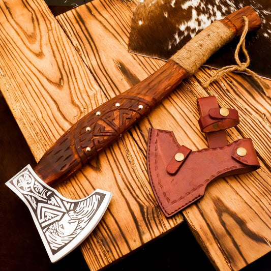 Handmade Carbon Steel Viking Axe Tomahawk – Bearded Axe with Ash Wood Handle and Leather Sheath