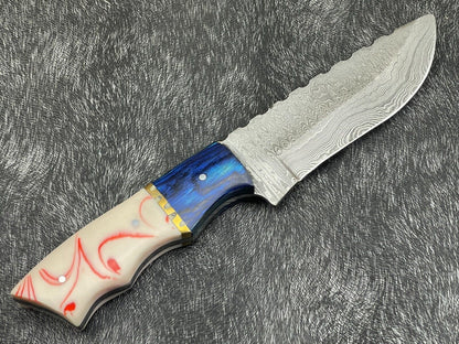 Heritage Forge 10 Inch Handmade Damascus Steel Bowie Knife with Resin and Hardwood Handle and Leather Sheath