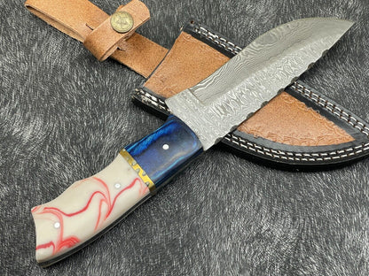 Heritage Forge 10 Inch Handmade Damascus Steel Bowie Knife with Resin and Hardwood Handle and Leather Sheath